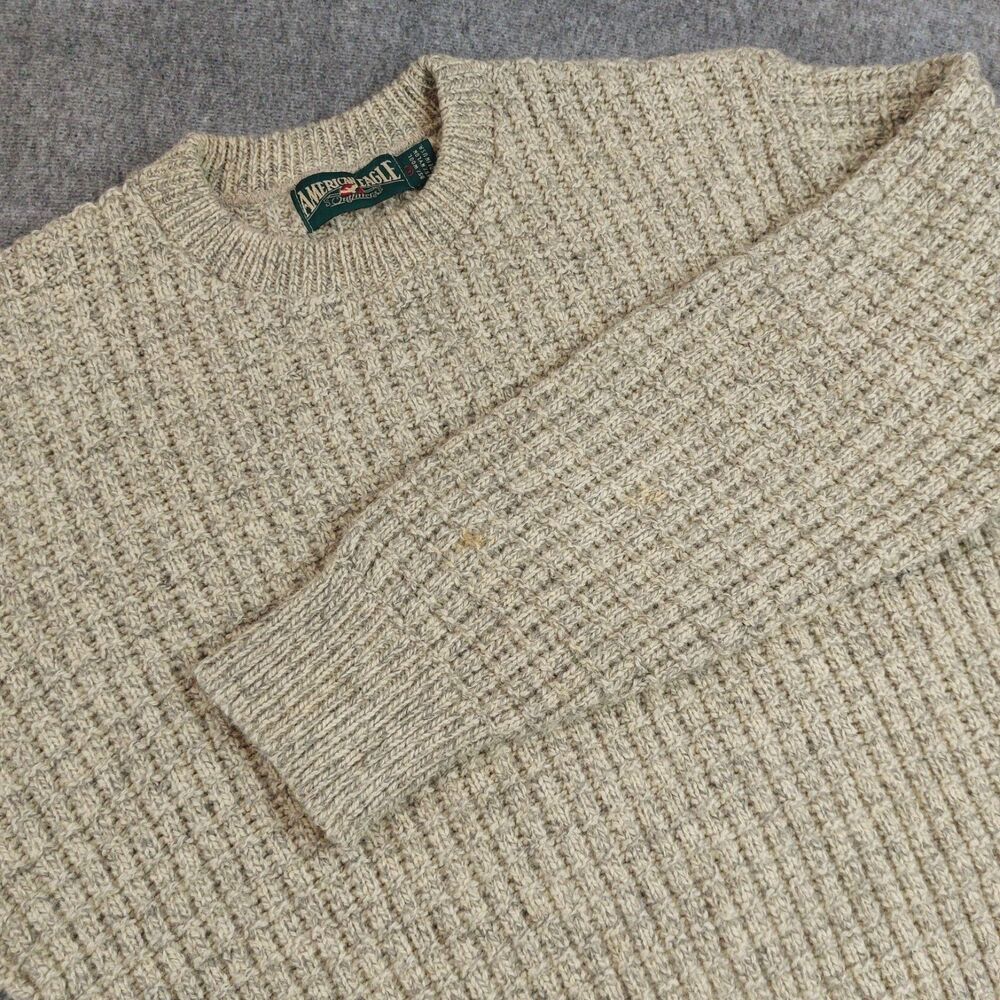 Vtg American Eagle Crewneck Sweater Mens L Beige Wool Blend Chunky Fisherman